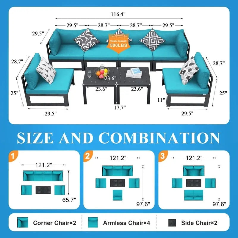 8-Piece Aluminum Sectional Set White Frame with Cushions 2 Corners 4 Armless 2 Tables