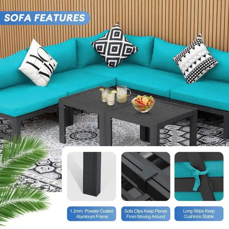 8-Piece Aluminum Sectional Set White Frame with Cushions 2 Corners 4 Armless 2 Tables