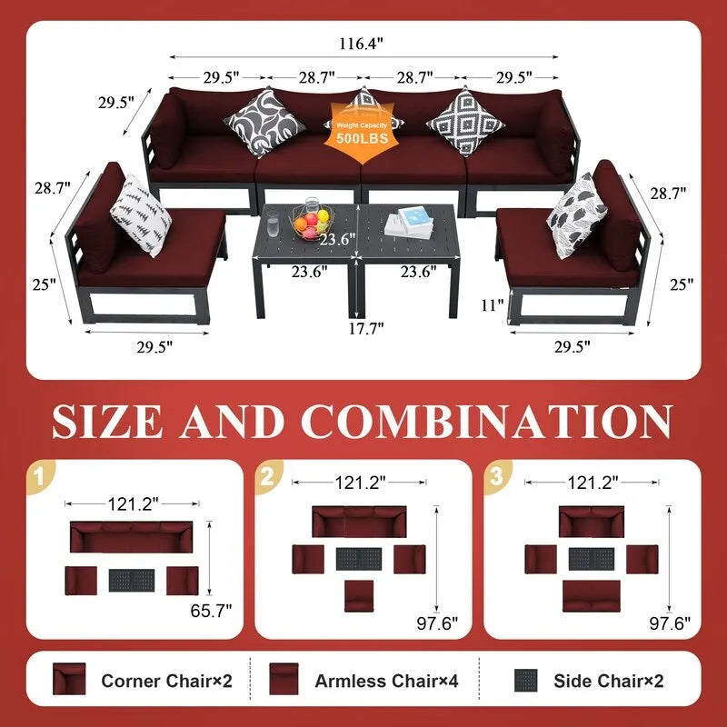 8-Piece Aluminum Sectional Set White Frame with Cushions 2 Corners 4 Armless 2 Tables