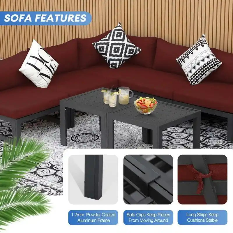 8-Piece Aluminum Sectional Set White Frame with Cushions 2 Corners 4 Armless 2 Tables