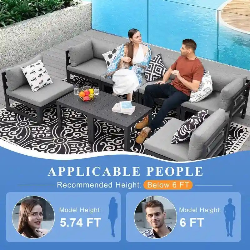 8-Piece Aluminum Sectional Set White Frame with Cushions 2 Corners 4 Armless 2 Tables