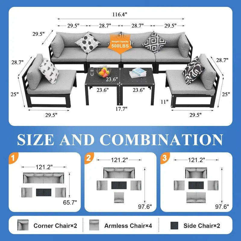 8-Piece Aluminum Sectional Set White Frame with Cushions 2 Corners 4 Armless 2 Tables