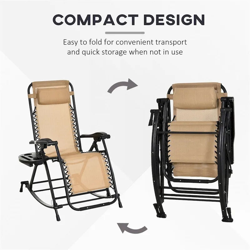 Outdoor Foldable Rocking Chairs with Pillow, Cup and Phone Holder