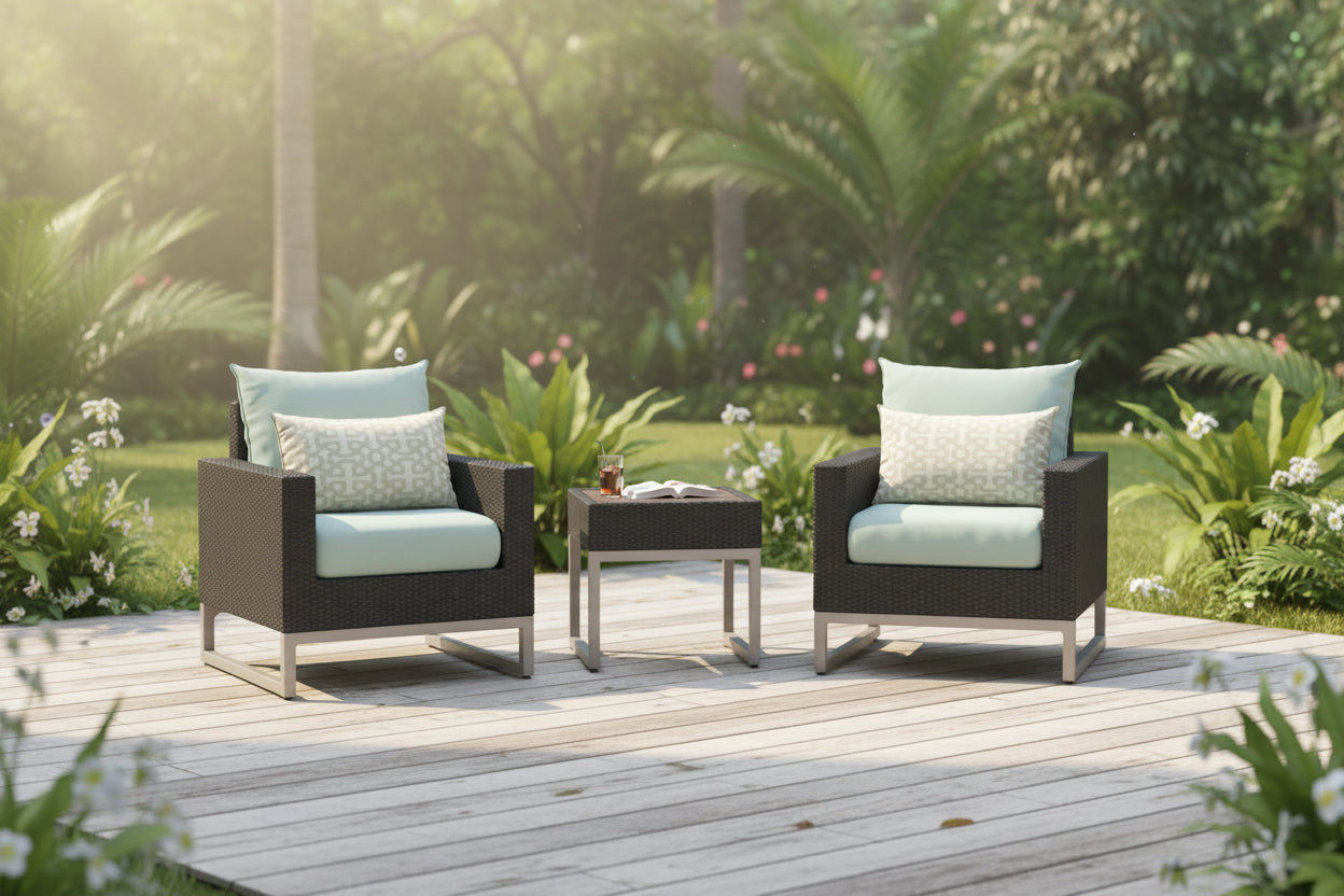 3-Piece Wicker Club Chair Set Espresso with Sunbrella Cushions 2 Chairs 1 Table