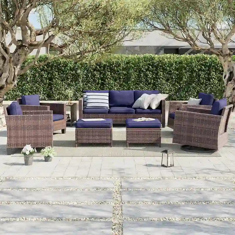 8-Piece PE Rattan Sofa Set Brown 3-Seat Sofa 2 Swivel Rockers 2 Chairs 2 Ottomans 1 Table