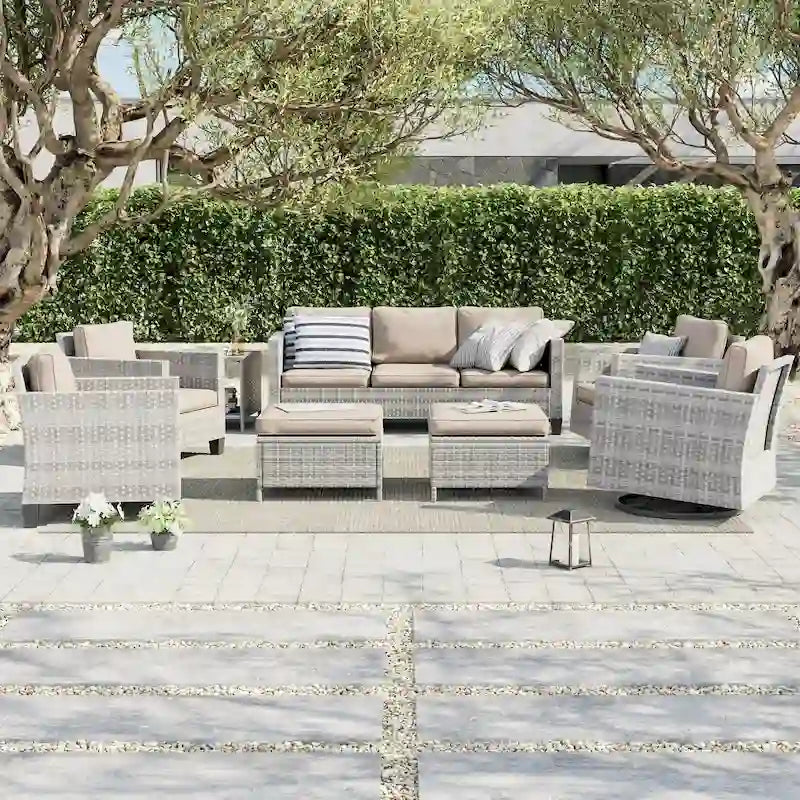 8-Piece PE Rattan Sofa Set Brown 3-Seat Sofa 2 Swivel Rockers 2 Chairs 2 Ottomans 1 Table