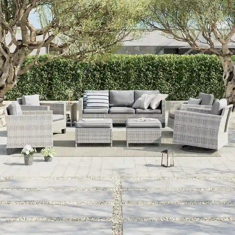8-Piece PE Rattan Sofa Set Brown 3-Seat Sofa 2 Swivel Rockers 2 Chairs 2 Ottomans 1 Table