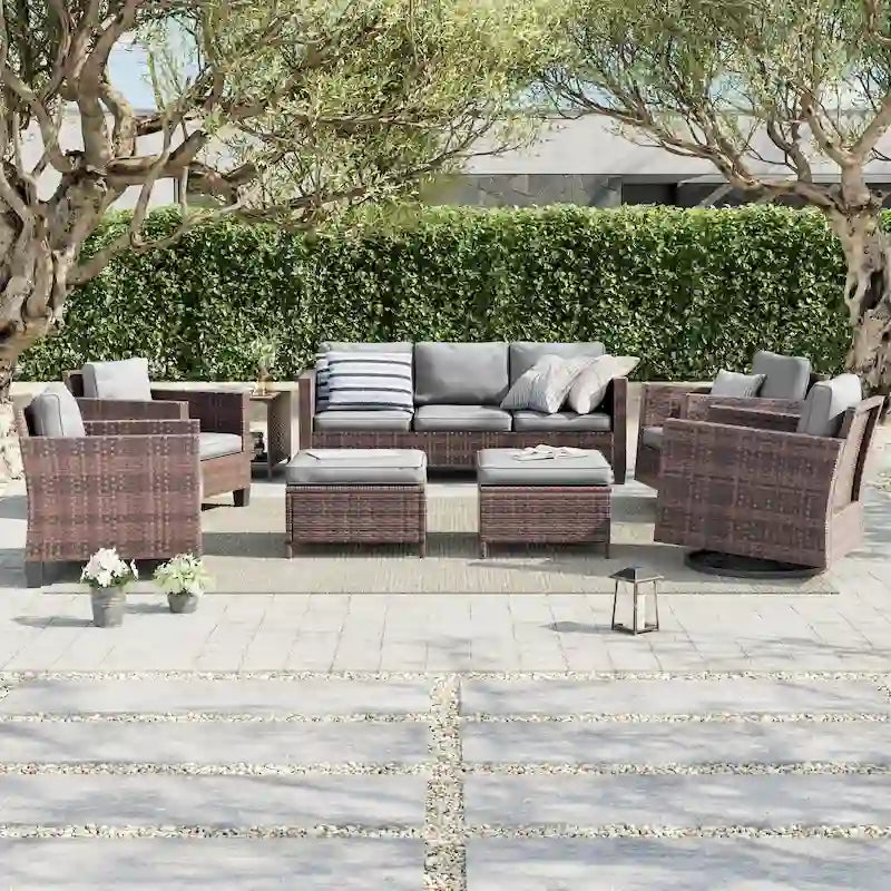 8-Piece PE Rattan Sofa Set Brown 3-Seat Sofa 2 Swivel Rockers 2 Chairs 2 Ottomans 1 Table
