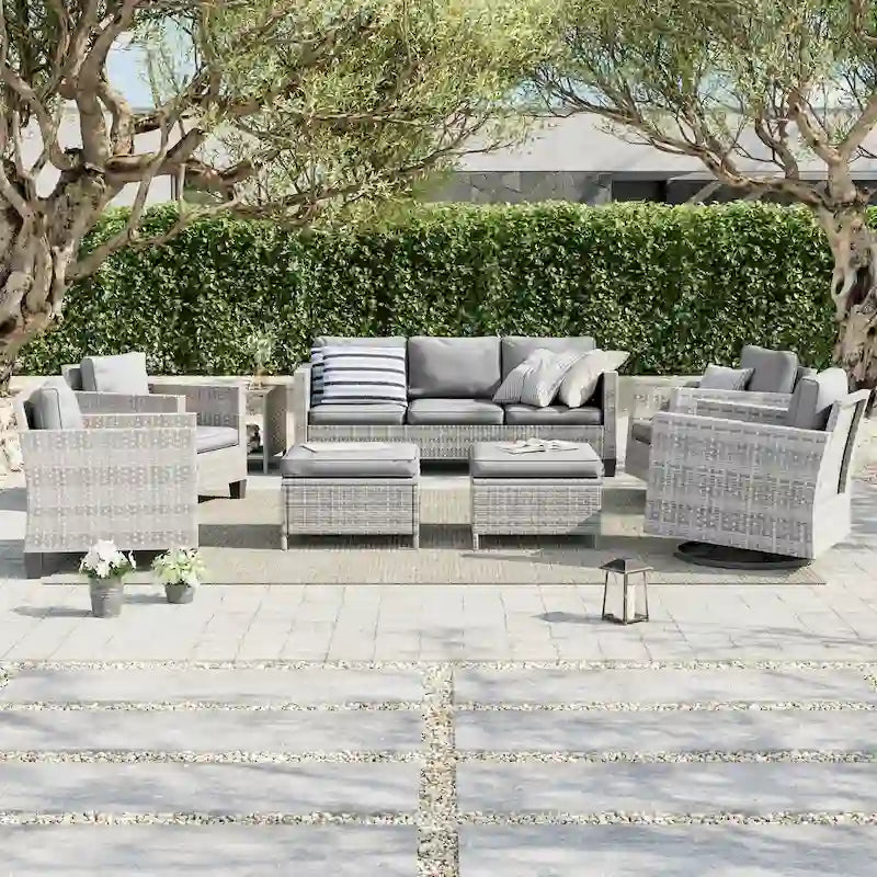8-Piece PE Rattan Sofa Set Brown 3-Seat Sofa 2 Swivel Rockers 2 Chairs 2 Ottomans 1 Table