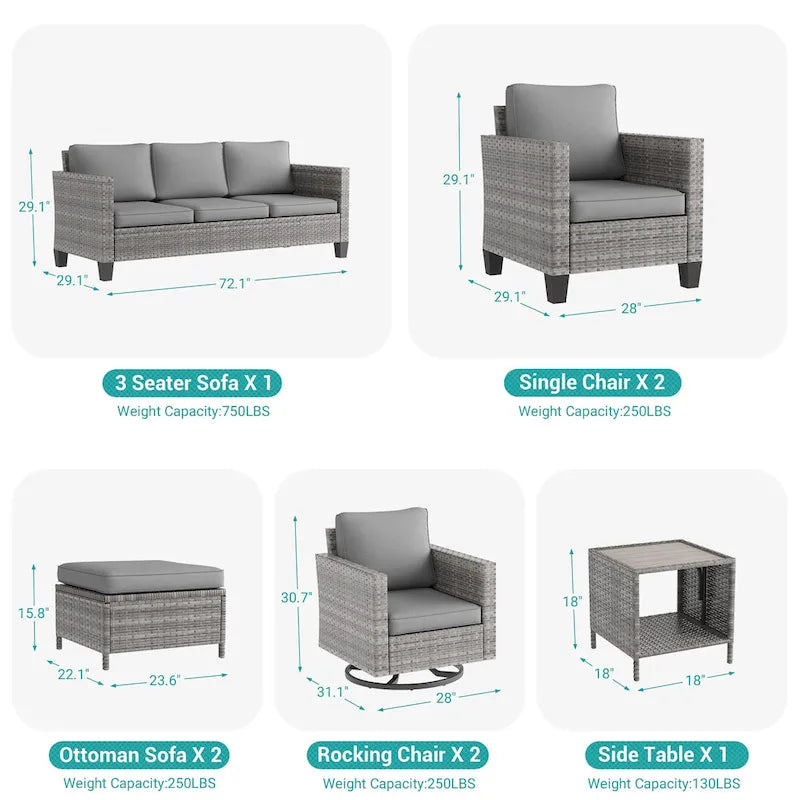 8-Piece PE Rattan Sofa Set Brown 3-Seat Sofa 2 Swivel Rockers 2 Chairs 2 Ottomans 1 Table