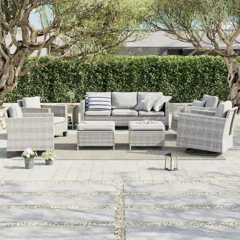 8-Piece PE Rattan Sofa Set Brown 3-Seat Sofa 2 Swivel Rockers 2 Chairs 2 Ottomans 1 Table