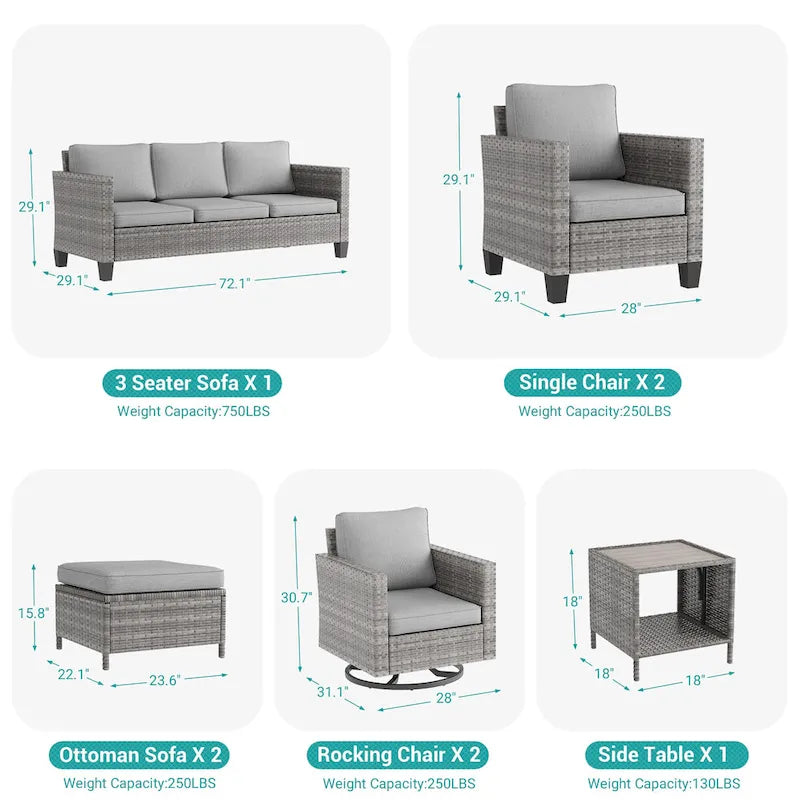 8-Piece PE Rattan Sofa Set Brown 3-Seat Sofa 2 Swivel Rockers 2 Chairs 2 Ottomans 1 Table