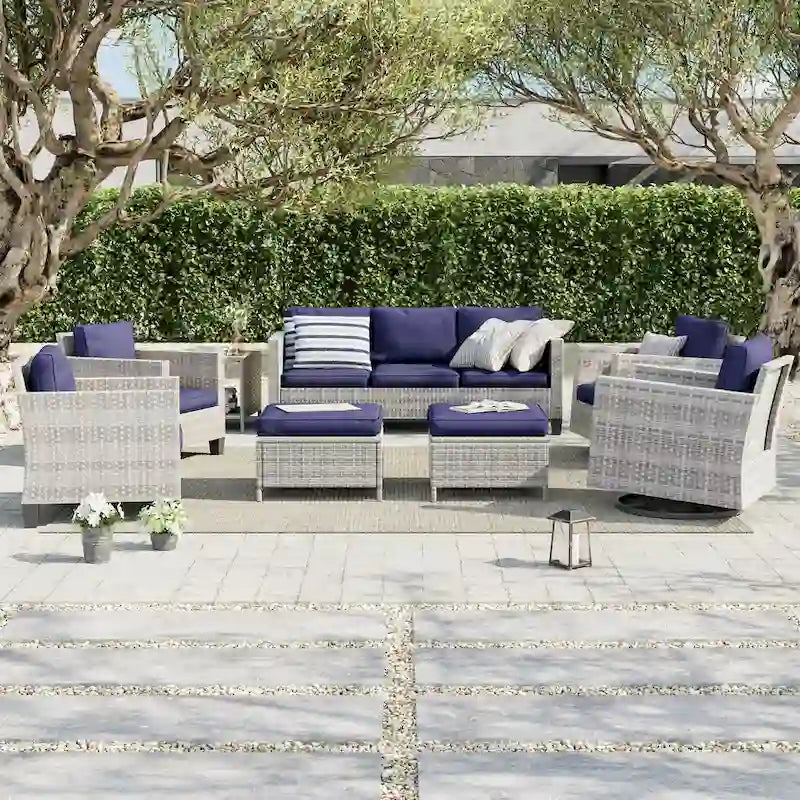 8-Piece PE Rattan Sofa Set Brown 3-Seat Sofa 2 Swivel Rockers 2 Chairs 2 Ottomans 1 Table