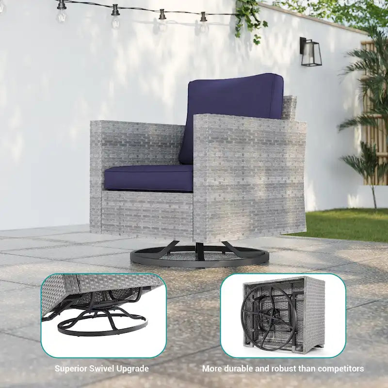8-Piece PE Rattan Sofa Set Brown 3-Seat Sofa 2 Swivel Rockers 2 Chairs 2 Ottomans 1 Table