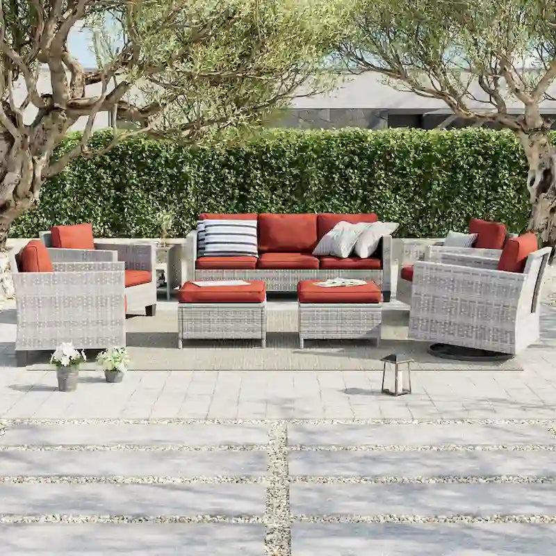 8-Piece PE Rattan Sofa Set Brown 3-Seat Sofa 2 Swivel Rockers 2 Chairs 2 Ottomans 1 Table