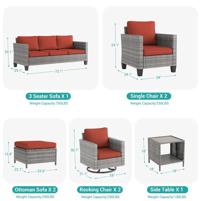 8-Piece PE Rattan Sofa Set Brown 3-Seat Sofa 2 Swivel Rockers 2 Chairs 2 Ottomans 1 Table
