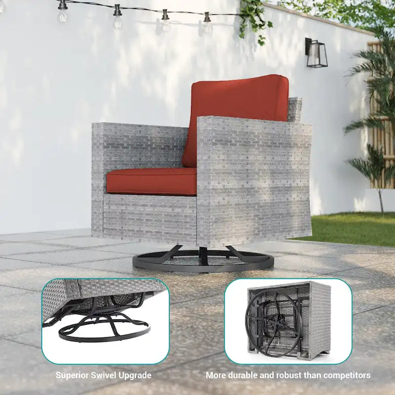 8-Piece PE Rattan Sofa Set Brown 3-Seat Sofa 2 Swivel Rockers 2 Chairs 2 Ottomans 1 Table