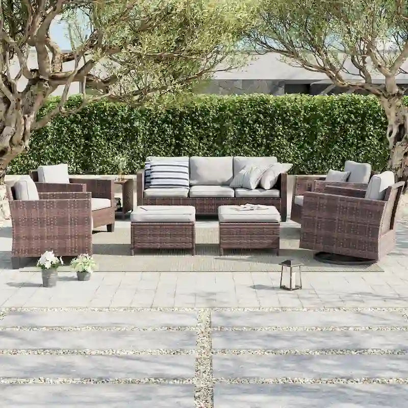 8-Piece PE Rattan Sofa Set Brown 3-Seat Sofa 2 Swivel Rockers 2 Chairs 2 Ottomans 1 Table