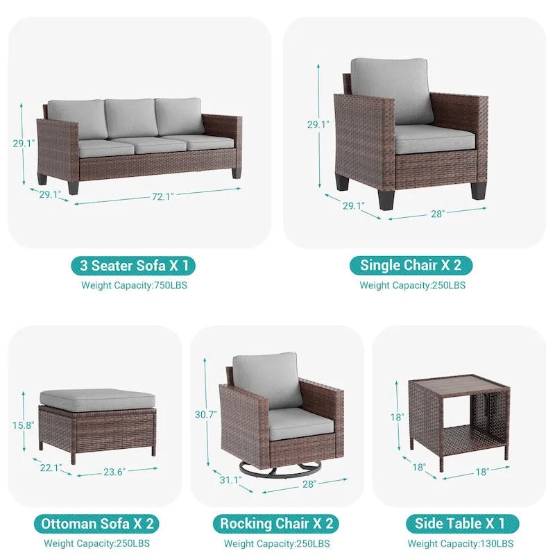 8-Piece PE Rattan Sofa Set Brown 3-Seat Sofa 2 Swivel Rockers 2 Chairs 2 Ottomans 1 Table