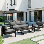 4-Piece Steel Sofa Set Black Frame with Cushions for 5 People 1 Loveseat 2 Chairs 1 Table