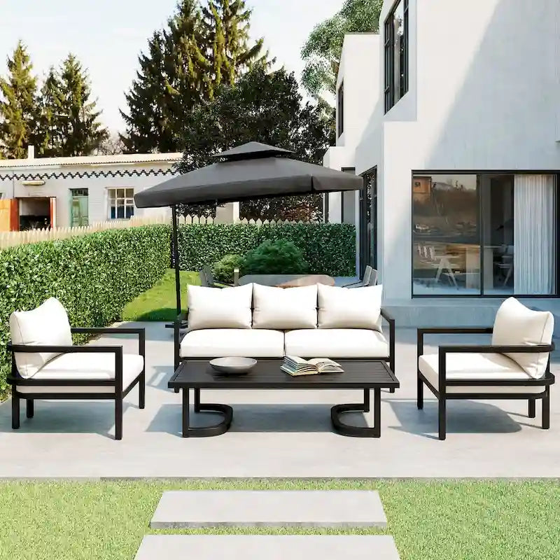 4-Piece Steel Sofa Set Black Frame with Cushions for 5 People 1 Loveseat 2 Chairs 1 Table