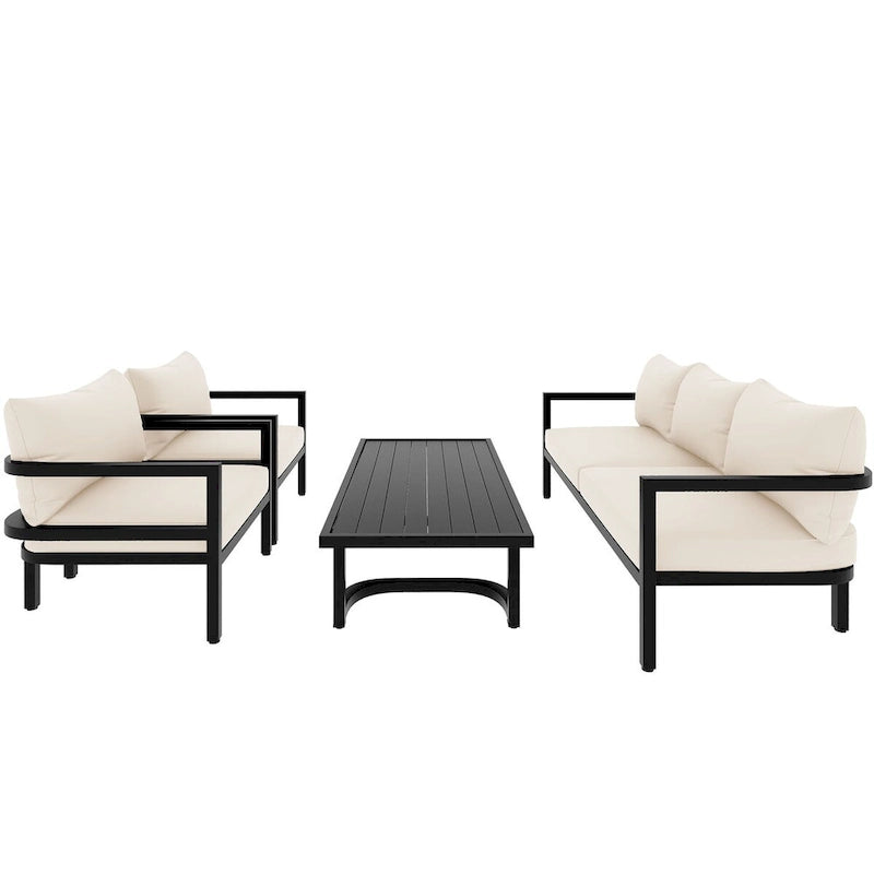 4-Piece Steel Sofa Set Black Frame with Cushions for 5 People 1 Loveseat 2 Chairs 1 Table