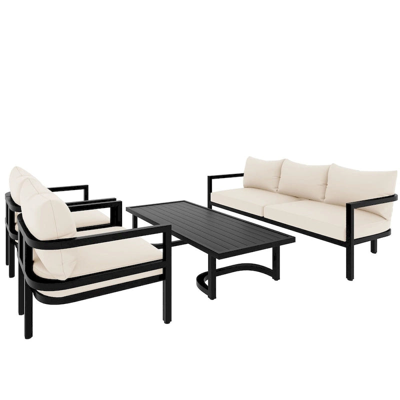 4-Piece Steel Sofa Set Black Frame with Cushions for 5 People 1 Loveseat 2 Chairs 1 Table