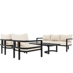 4-Piece Steel Sofa Set Black Frame with Cushions for 5 People 1 Loveseat 2 Chairs 1 Table