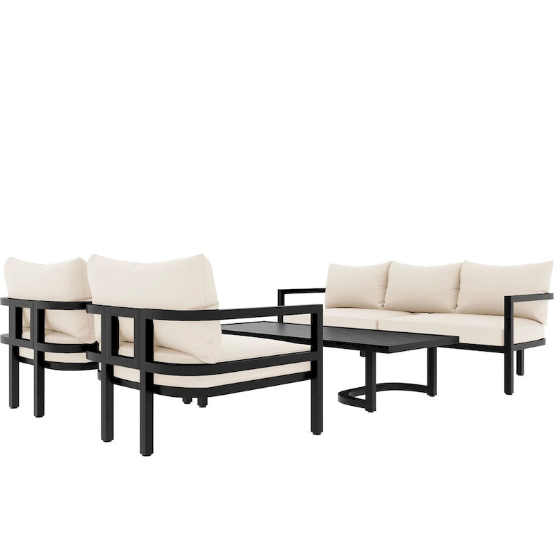 4-Piece Steel Sofa Set Black Frame with Cushions for 5 People 1 Loveseat 2 Chairs 1 Table