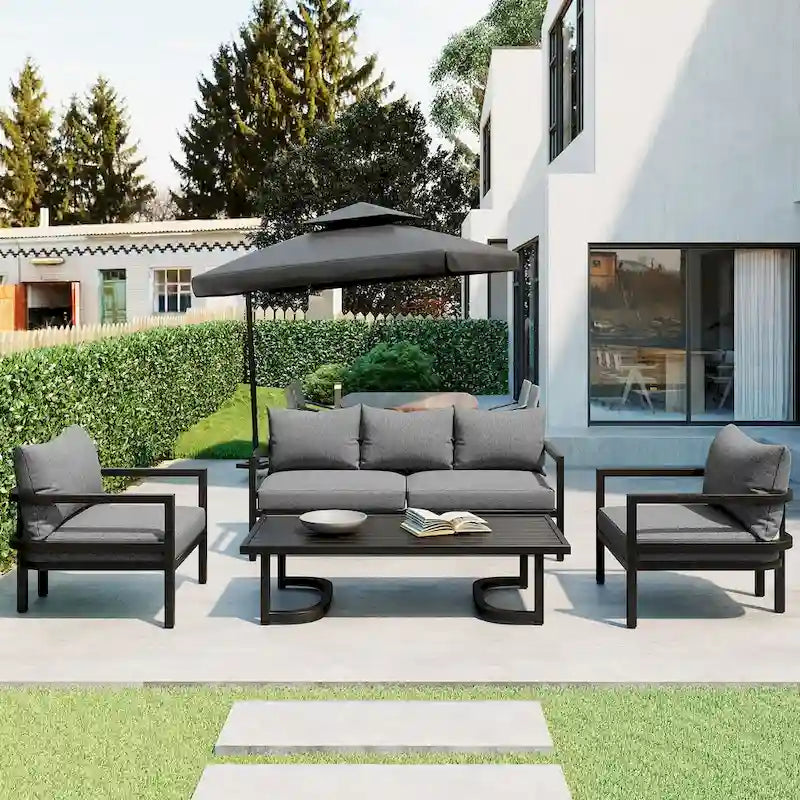 4-Piece Steel Sofa Set Black Frame with Cushions for 5 People 1 Loveseat 2 Chairs 1 Table