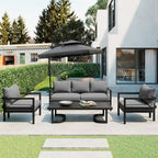 4-Piece Steel Sofa Set Black Frame with Cushions for 5 People 1 Loveseat 2 Chairs 1 Table