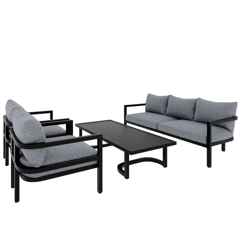 4-Piece Steel Sofa Set Black Frame with Cushions for 5 People 1 Loveseat 2 Chairs 1 Table