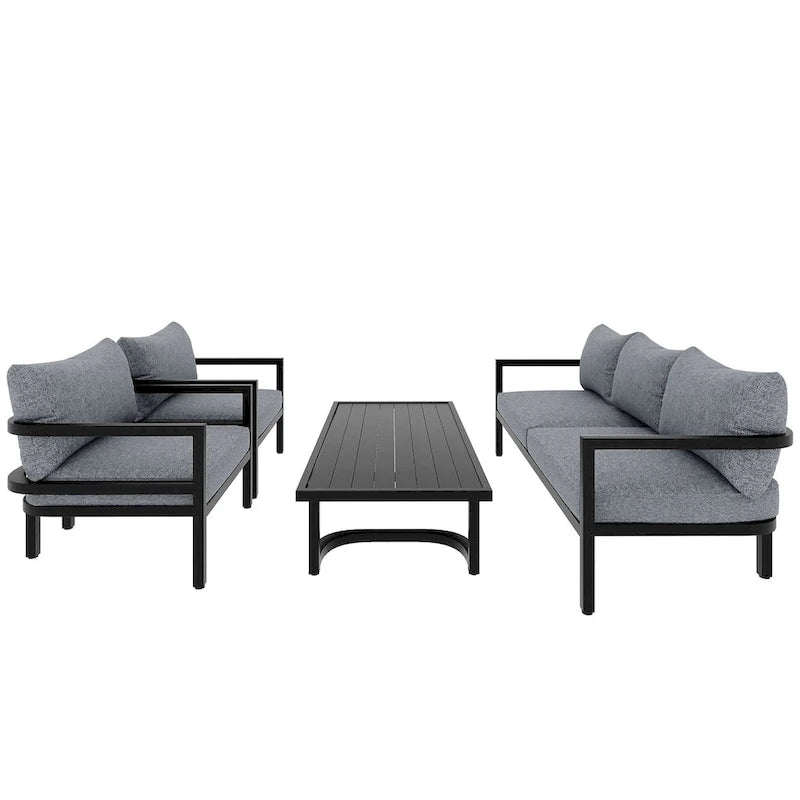 4-Piece Steel Sofa Set Black Frame with Cushions for 5 People 1 Loveseat 2 Chairs 1 Table