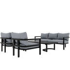 4-Piece Steel Sofa Set Black Frame with Cushions for 5 People 1 Loveseat 2 Chairs 1 Table
