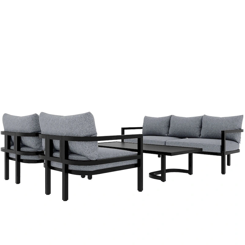 4-Piece Steel Sofa Set Black Frame with Cushions for 5 People 1 Loveseat 2 Chairs 1 Table