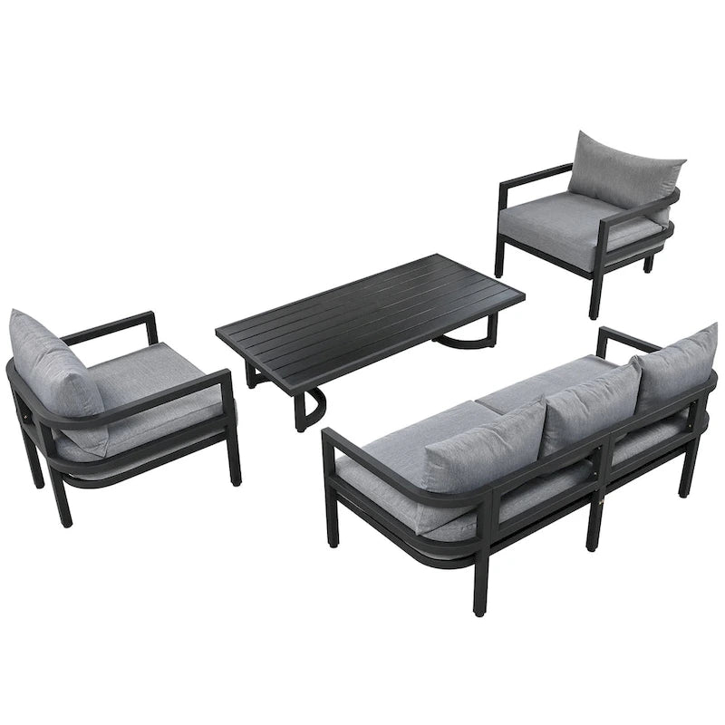 4-Piece Steel Sofa Set Black Frame with Cushions for 5 People 1 Loveseat 2 Chairs 1 Table