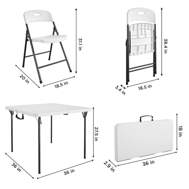5-Piece Folding Table and Chair Set White for 4 People 36-inch Square Table