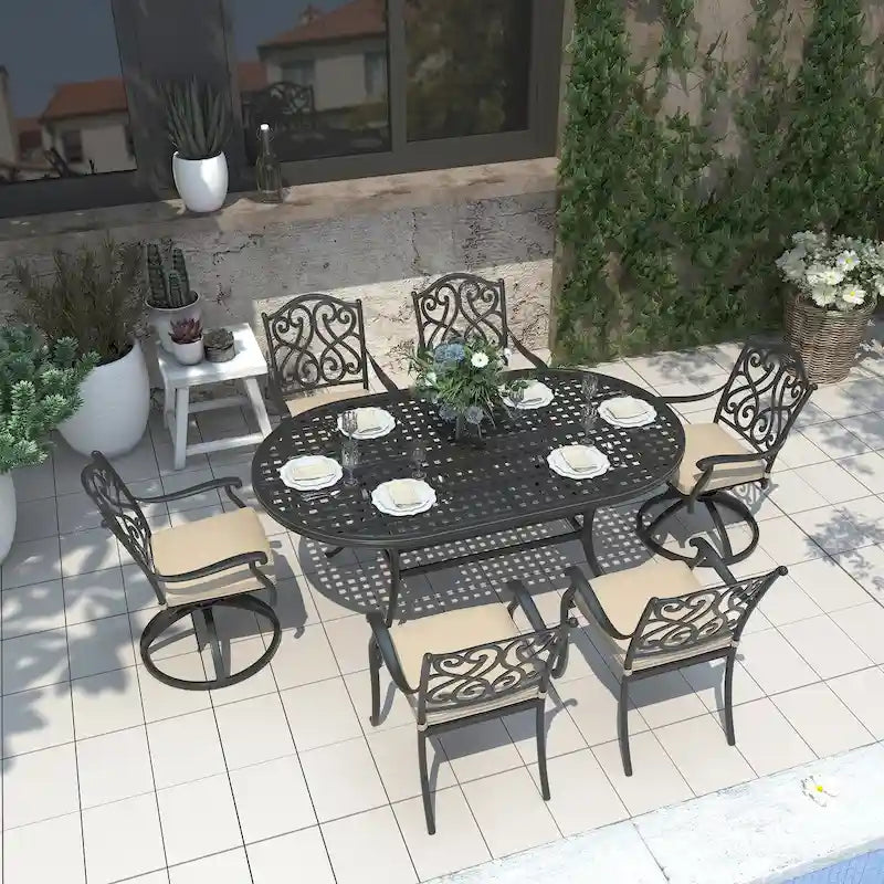 7-Piece Cast Aluminum Dining Set Black for 4-6 People 6 Chairs 1 Oval Table