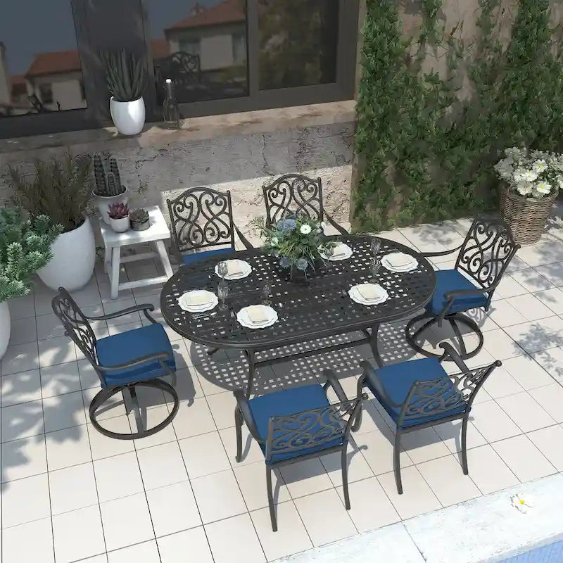 7-Piece Cast Aluminum Dining Set Black for 4-6 People 6 Chairs 1 Oval Table