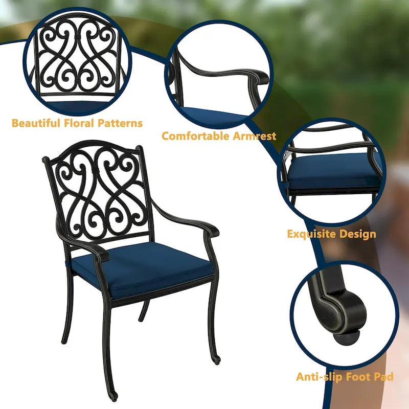 7-Piece Cast Aluminum Dining Set Black for 4-6 People 6 Chairs 1 Oval Table