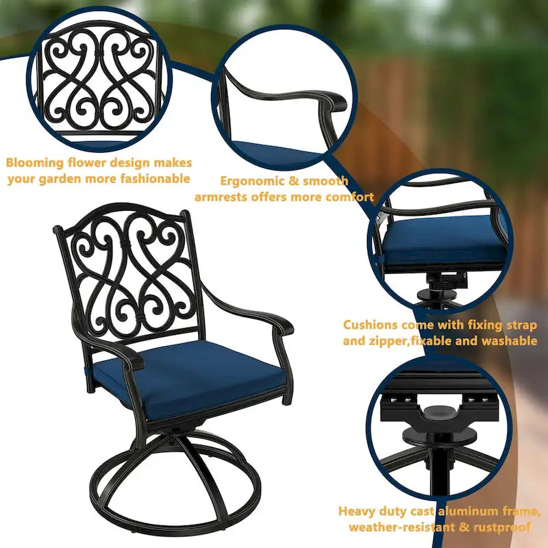 7-Piece Cast Aluminum Dining Set Black for 4-6 People 6 Chairs 1 Oval Table
