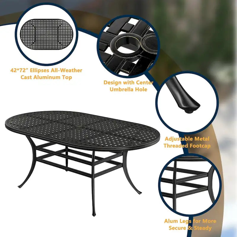7-Piece Cast Aluminum Dining Set Black for 4-6 People 6 Chairs 1 Oval Table