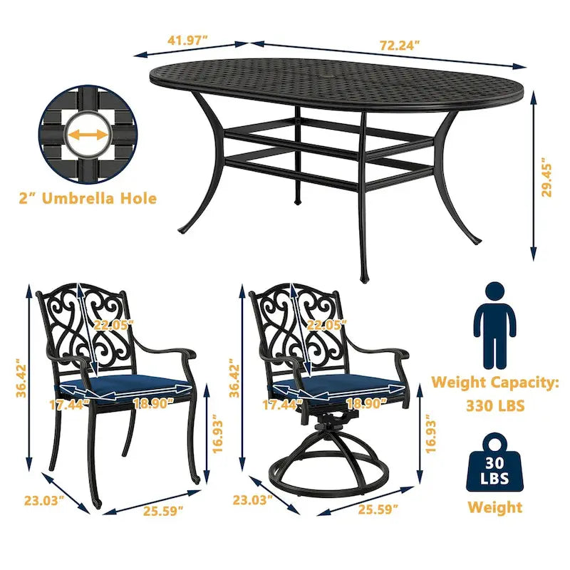 7-Piece Cast Aluminum Dining Set Black for 4-6 People 6 Chairs 1 Oval Table