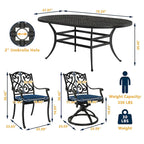 7-Piece Cast Aluminum Dining Set Black for 4-6 People 6 Chairs 1 Oval Table