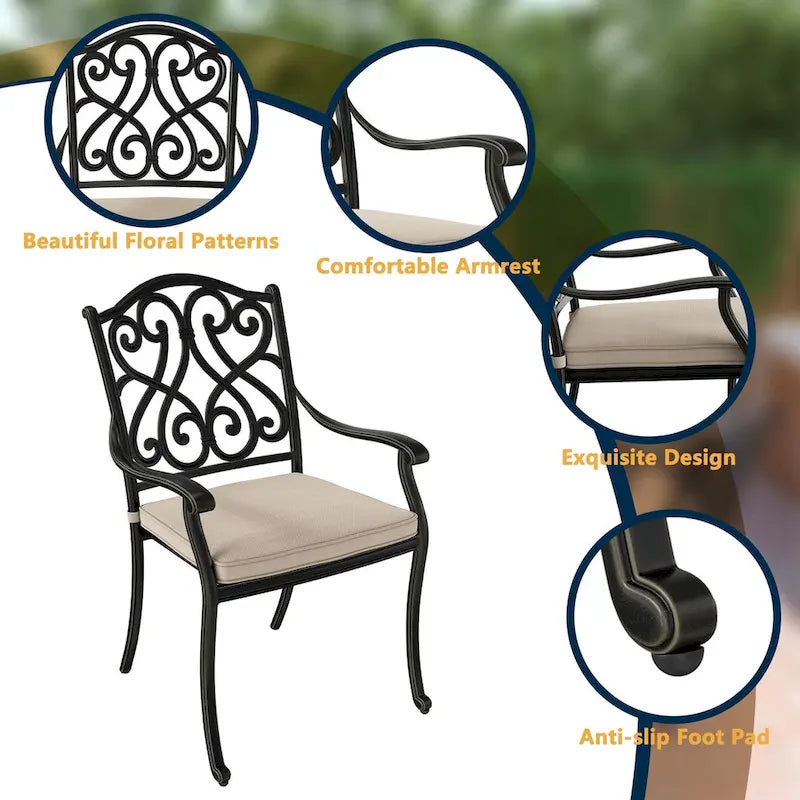 7-Piece Cast Aluminum Dining Set Black for 4-6 People 6 Chairs 1 Oval Table