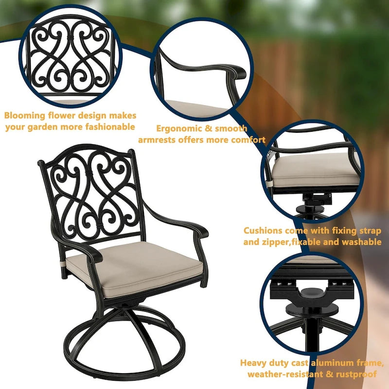 7-Piece Cast Aluminum Dining Set Black for 4-6 People 6 Chairs 1 Oval Table