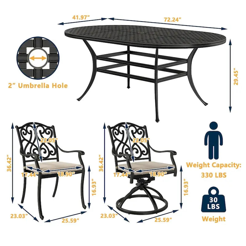 7-Piece Cast Aluminum Dining Set Black for 4-6 People 6 Chairs 1 Oval Table