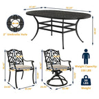 7-Piece Cast Aluminum Dining Set Black for 4-6 People 6 Chairs 1 Oval Table