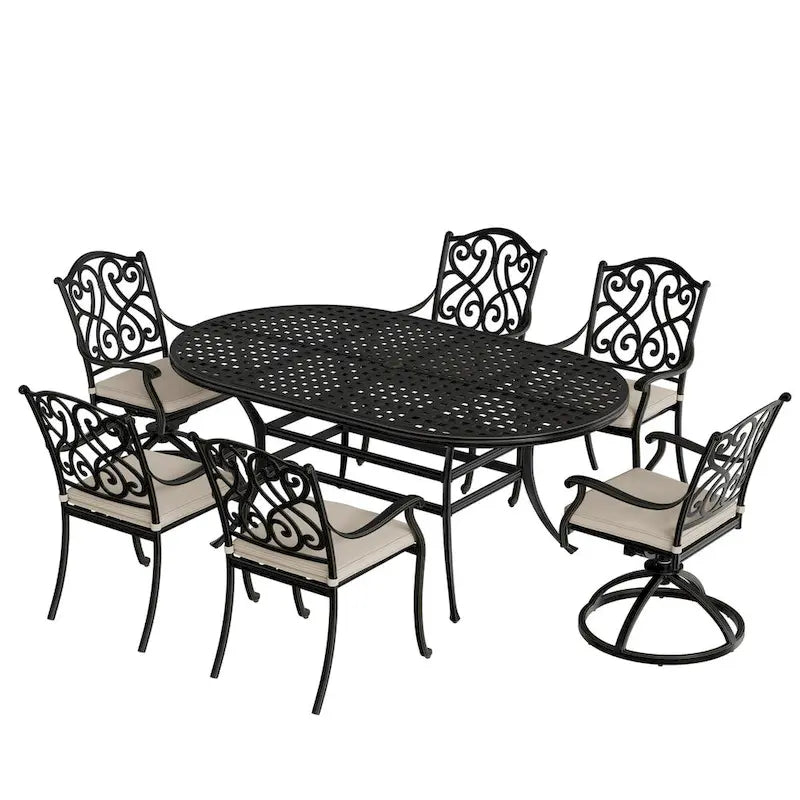7-Piece Cast Aluminum Dining Set Black for 4-6 People 6 Chairs 1 Oval Table