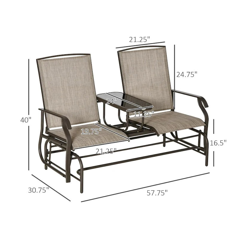 Outdoor Glider Bench with Center Table, Breathable Mesh Fabric